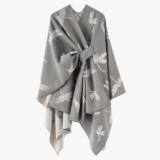 Damen Kaschmirähnlicher Jacquard‑Cape mit Libellen‑Motiv und Bindegürtel Shop Nory