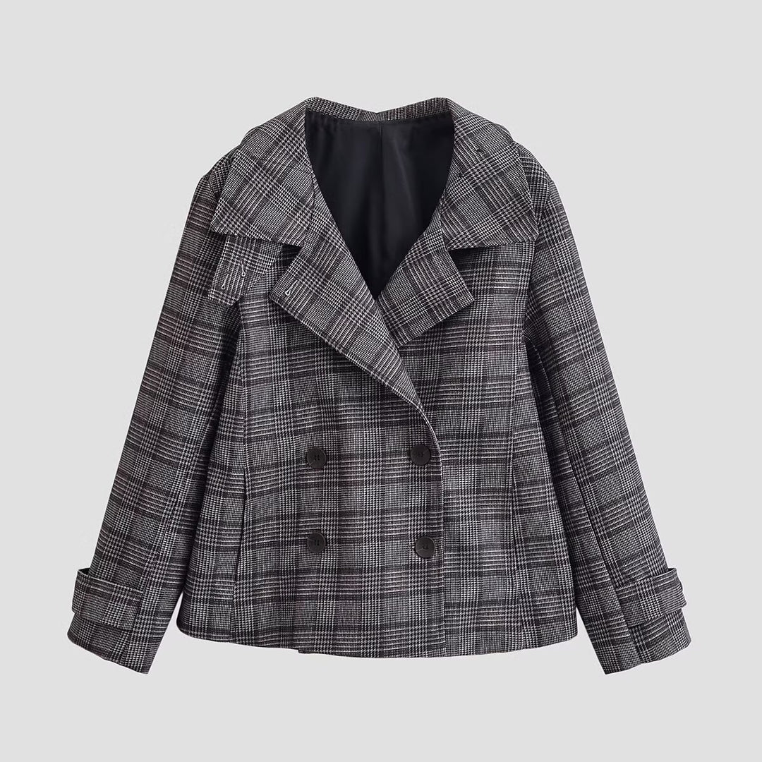 Damen Kurzer Doppelreihiger Glencheck‑Mantel mit weitem Revers Shop Nory