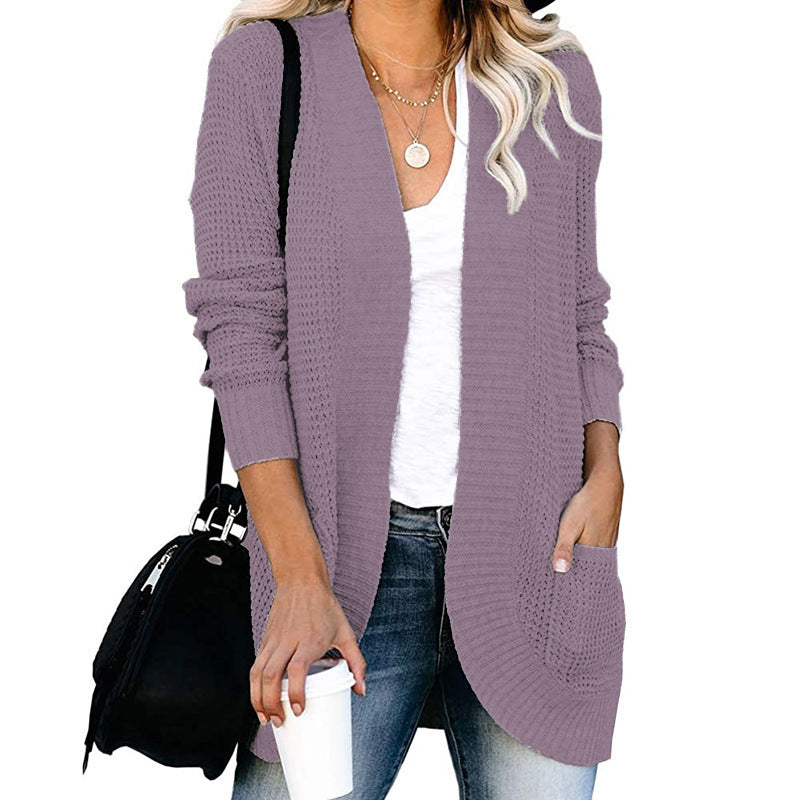 Damen Langer Offener Strickcardigan mit Taschen, Rippbündchen und strukturierter Waffeloptik Shop Nory