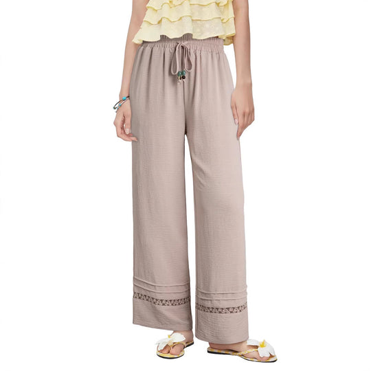 Damen Weite Leinenoptik-Hose mit hohem Gummibund, Bindekordel und Spitzeneinsatz Shop Nory