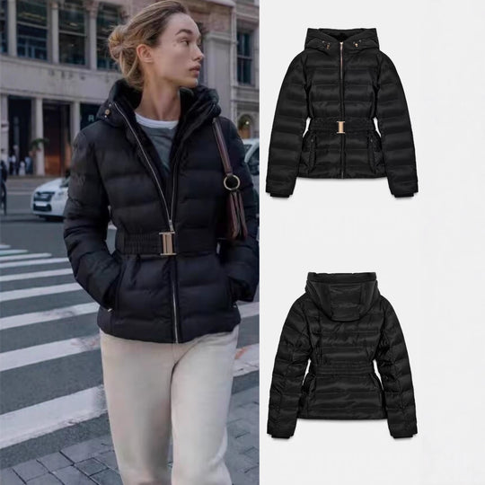 Damen Glänzende Daunenoptik-Steppjacke mit Kapuze und tailliertem Zugbandgürtel Shop Nory