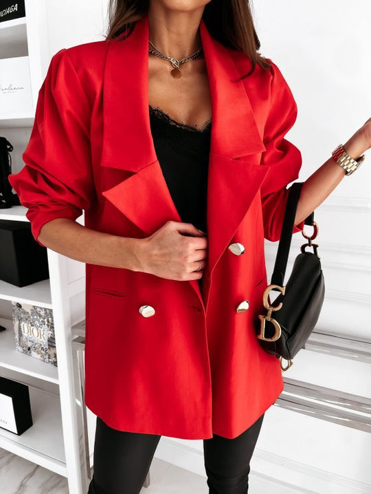 Damen Oversize-Blazer doppelreihig mit gerafften Ärmeln, Notch-Revers und goldfarbenen Zierknöpfen Shop Nory