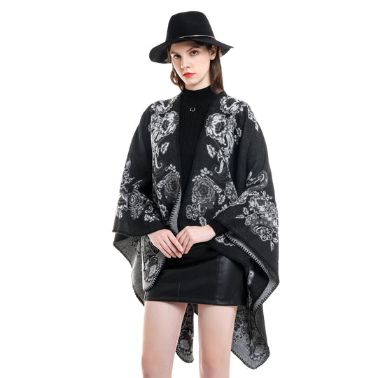 Damen Reversibler Strick-Umhang mit floraler Jacquard‑Webung und Zierkettelnaht Shop Nory