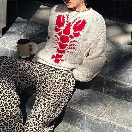 Damen Strickpullover mit maritimem Hummer-Print und lässigem Schnitt