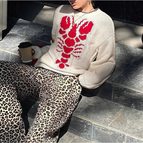 Damen Strickpullover mit maritimem Hummer-Print und lässigem Schnitt