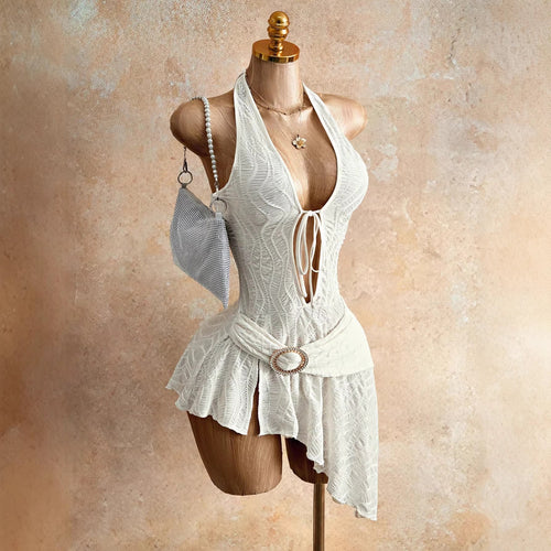 Damen nan figurbetontes Neckholder-Minikleid mit Schnürung, Cut-Out und asymmetrischem Wickelrock