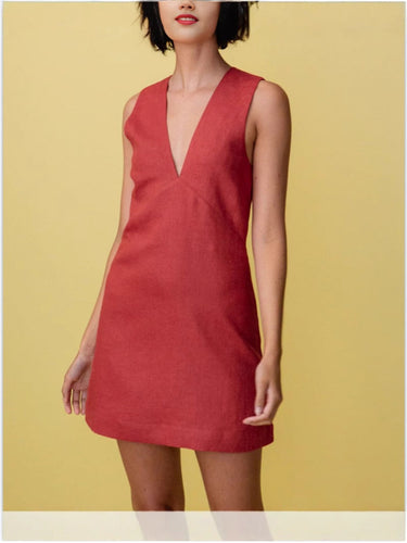 Damen leichtes Leinenkleid mit tiefem V-Ausschnitt und ärmellosem Design