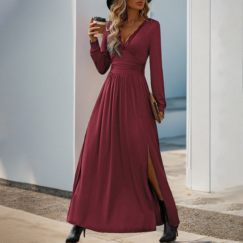 Damen Fließendes Maxikleid mit Spitzen‑V‑Ausschnitt, Wickel‑Taille und Seitenschlitz Shop Nory