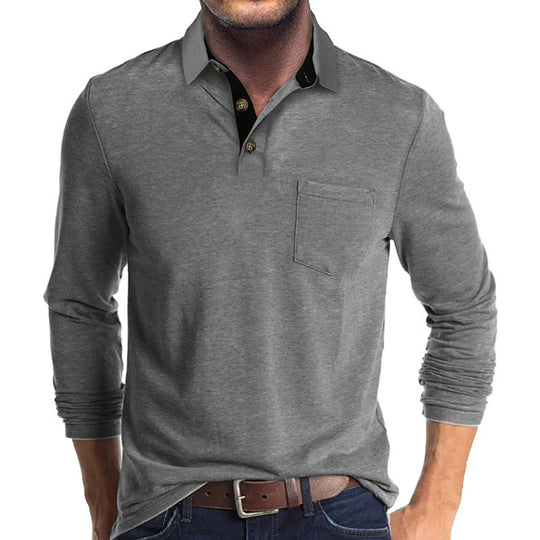 Herren langärmliges Polohemd mit Brusttasche, Kontrastknopfleiste und legerer Stretch-Passform Shop Nory