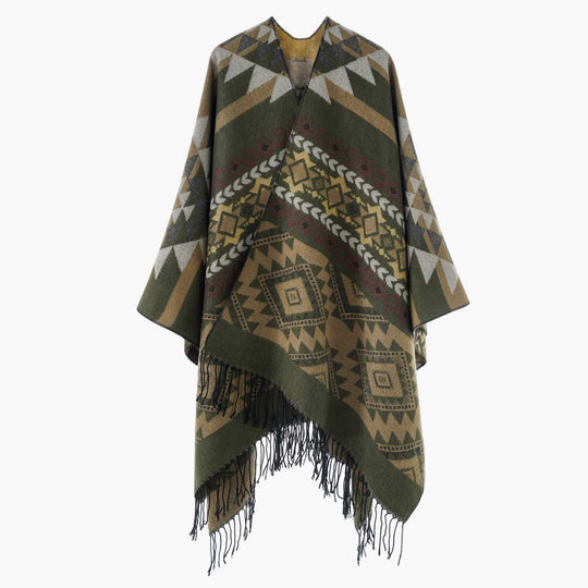 Damen Oversize Jacquard‑Cape im Ethno‑Jacquard mit Fransen Shop Nory