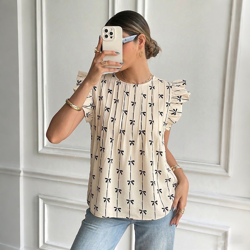 Damen Leichte Baumwollbluse mit Rüschenärmeln, Plissee-Falten und Schleifenprint Shop Nory