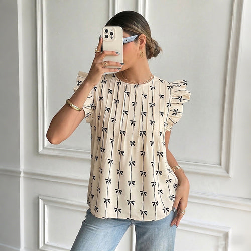 Damen Leichte Baumwollbluse mit Rüschenärmeln, Plissee-Falten und Schleifenprint Shop Nory