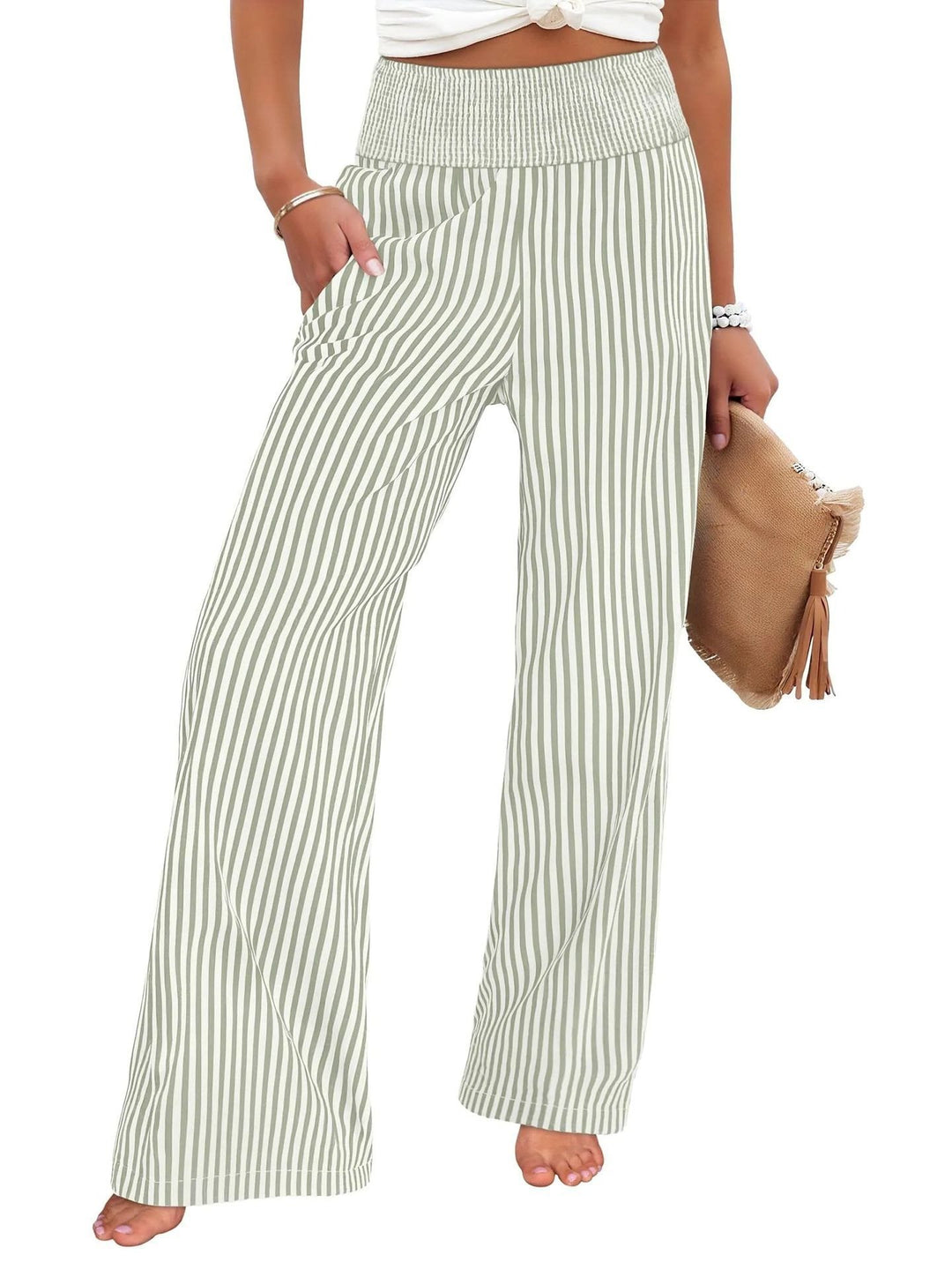 Damen Gestreifte Palazzo-Hose mit hohem, gerafftem Bund und weitem Bein Shop Nory