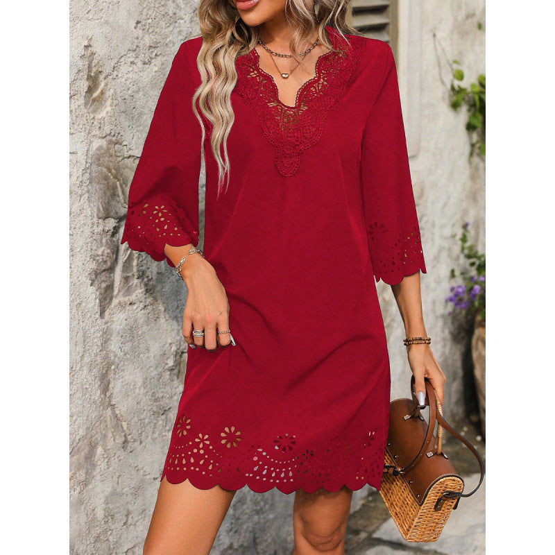 Damen Sommerkleid mit Spitzendetails und ausgestellten Ärmeln Shopnory