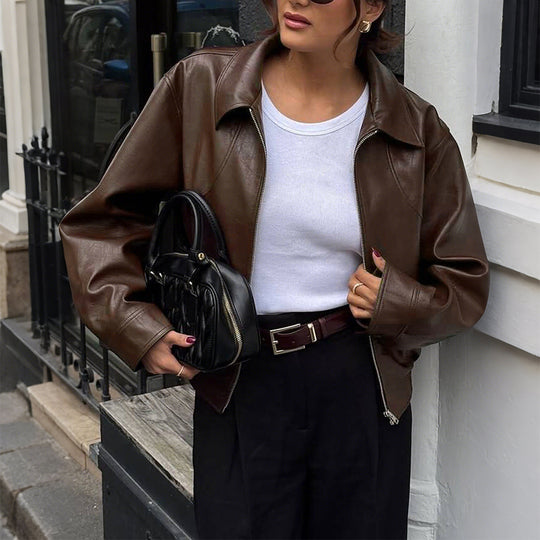 Damen nan kurze Oversize-Lederjacke mit Hemdkragen, sichtbarem Reißverschluss und lässiger Silhouette Shop Nory