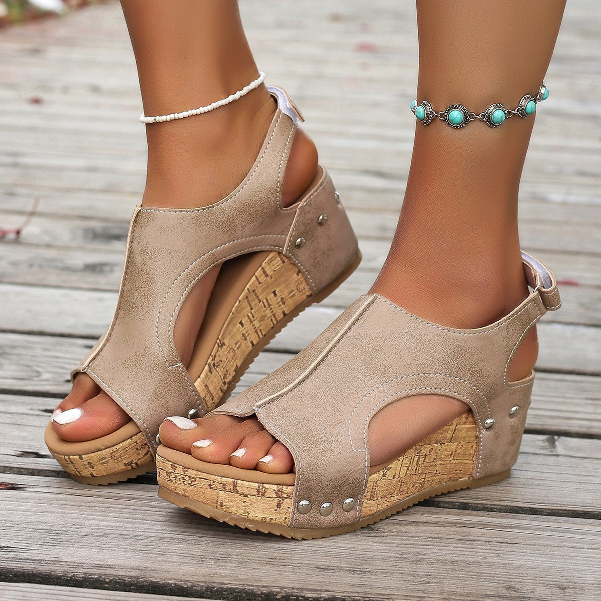 Damen Keil-Sandalen mit modischem Korkdesign und verstellbarem Riemen