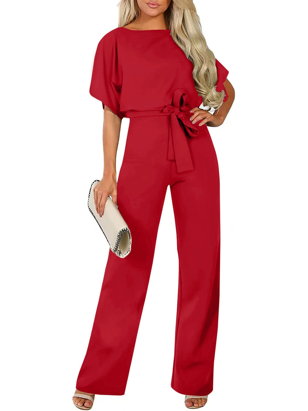 Damen langer Jumpsuit mit innovativem Bindegürtel und angeschnittenen Ärmeln
