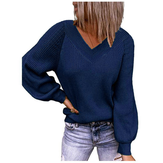 Damen Gerippter V‑Ausschnitt Pullover mit Ballonärmeln und lässiger Passform Shop Nory