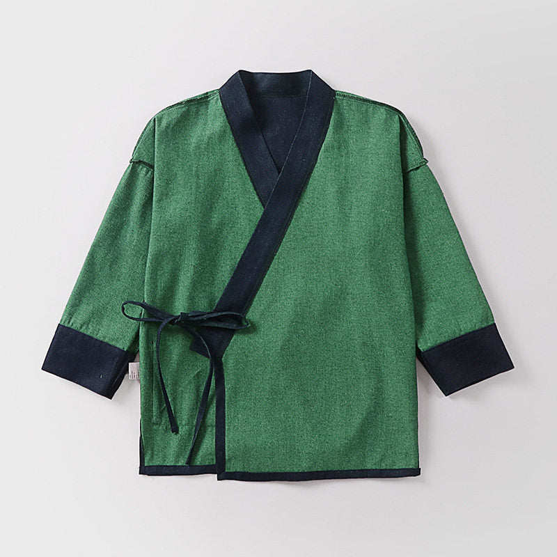 Unisex Leichte Wickel-Kimono-Jacke aus Leinen-Baumwollmix mit Kontrastbesatz und Bindegürtel Shop Nory