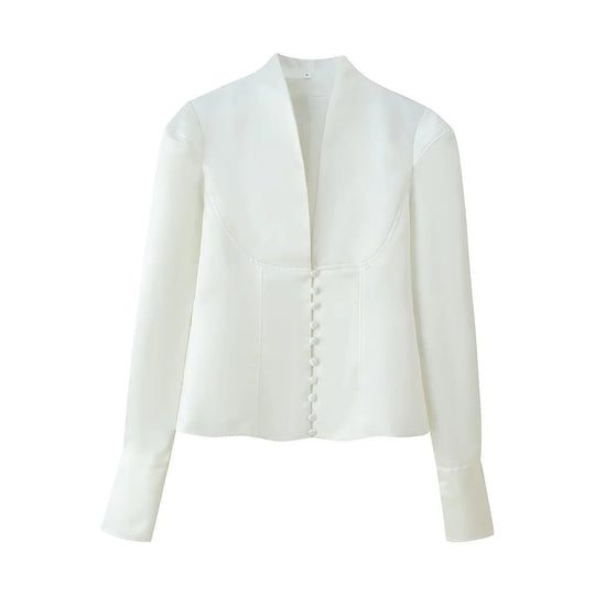 Damen elegante Blazerjacke mit modischem Stehkragen und dekorativen Knopfdetails Shopnory