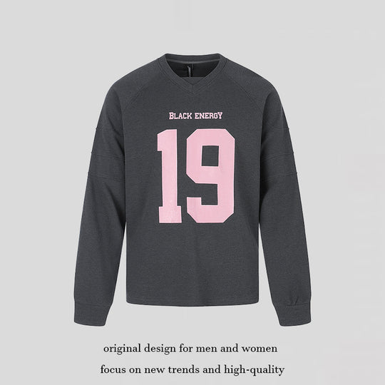 Damen Oversize-Sweatshirt mit V-Ausschnitt, Raglanärmeln und typografischem Frontprint Shop Nory
