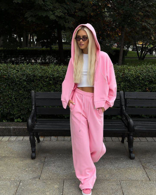 Damen lässiges Kapuzen-Sweatshirt mit Reißverschluss und weiten High-Waist Jogginghose Shop Nory