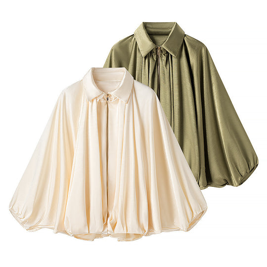 Damen Seidig-fließende Cape-Bluse mit Reißverschluss, Ballonärmeln und Hemdkragen Shop Nory