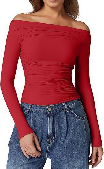 Damen Schulterfreies tailliertes Stretch-Longsleeve mit Raffung und figurbetonter Silhouette Shop Nory