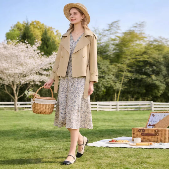 Damen Kurzgeschnittener taillierter Trenchcoat mit Bindegürtel und Schulterklappen Shop Nory