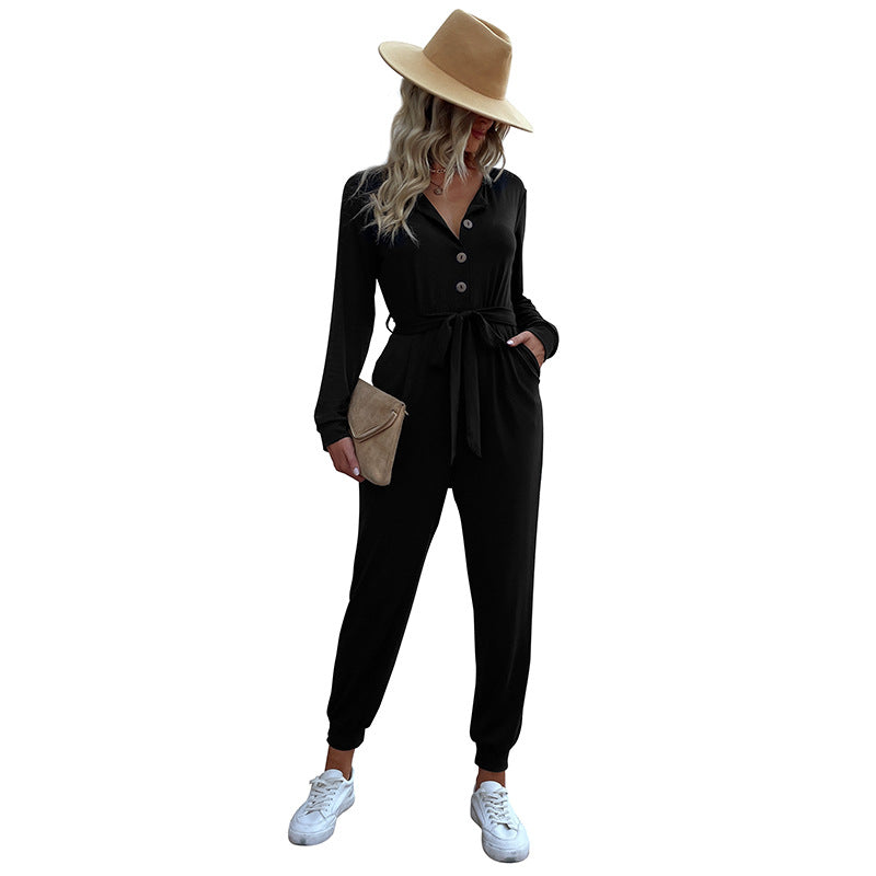 Damen Lässiger Einteiler-Jumpsuit mit Knopfleiste, Bindegürtel und Rippbündchen Shop Nory