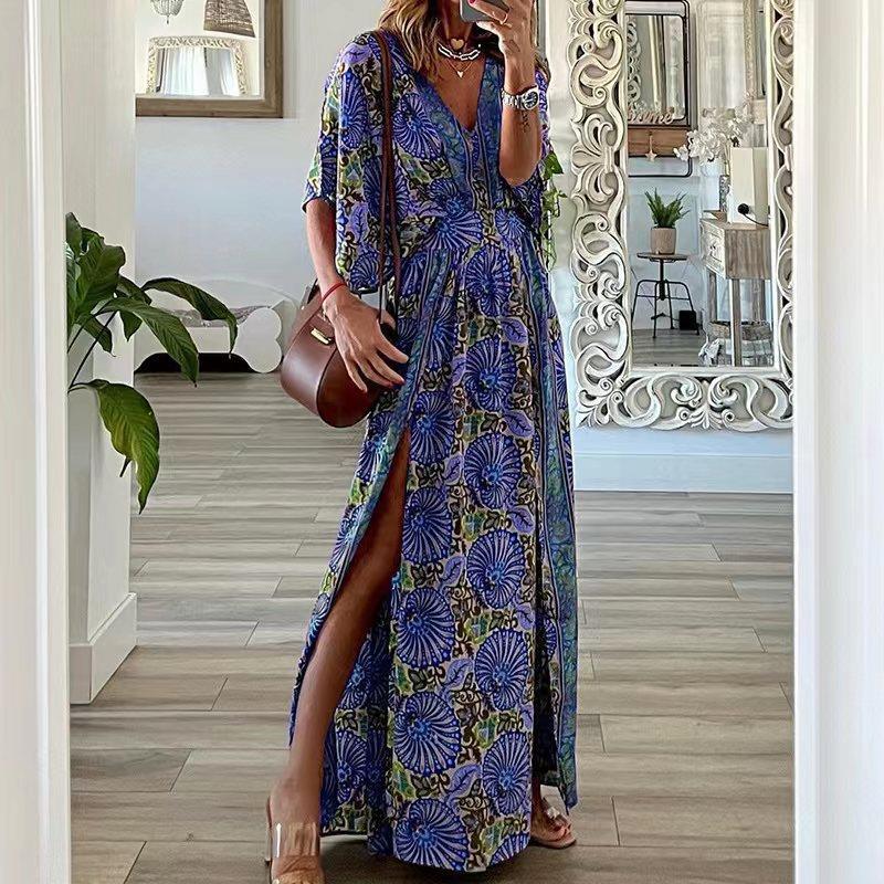 Damen Maxikleid im Boho-Stil mit Wickeleffekt, V-Ausschnitt und hohem Beinschlitz Shop Nory