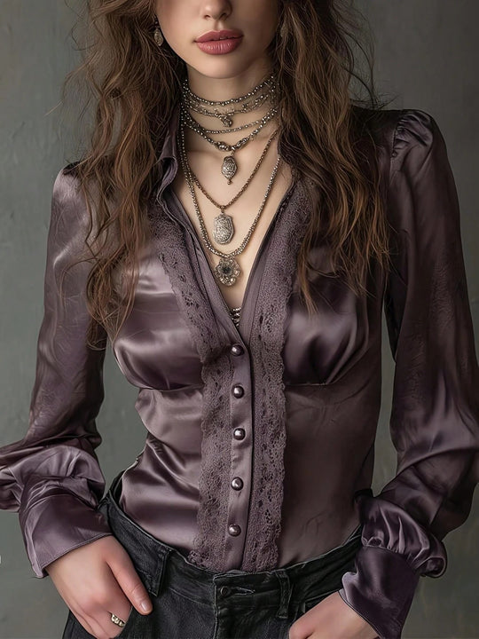 Damen Taillierte Satinbluse mit Spitzenpasse, Knopfleiste und Puffärmeln Shop Nory