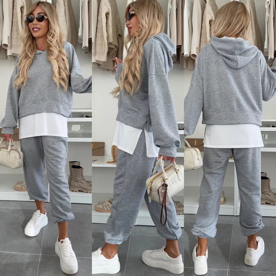 Damen Cropped-Hoodie-Lounge-Set mit asymmetrischem Saum, voluminösen Raglanärmeln und gekrempelter Jogginghose Shop Nory