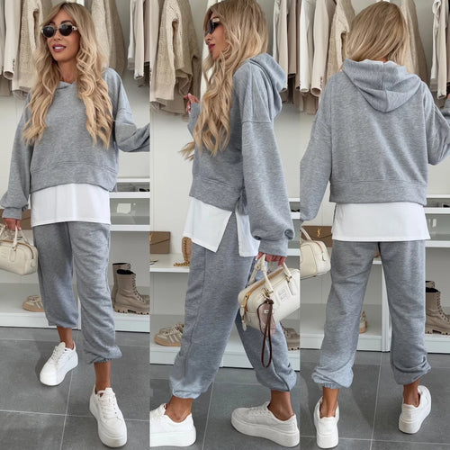 Damen Cropped-Hoodie-Lounge-Set mit asymmetrischem Saum, voluminösen Raglanärmeln und gekrempelter Jogginghose Shop Nory
