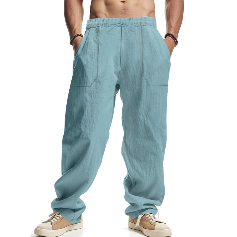 Herren nan lockere Leinenhose mit elastischem Bund, Tunnelzug und großen Eingrifftaschen