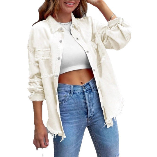 Damen Lässige Denim-Überwurfjacke im Hemdstil mit Raw-Edge und Druckknopfleiste Shop Nory