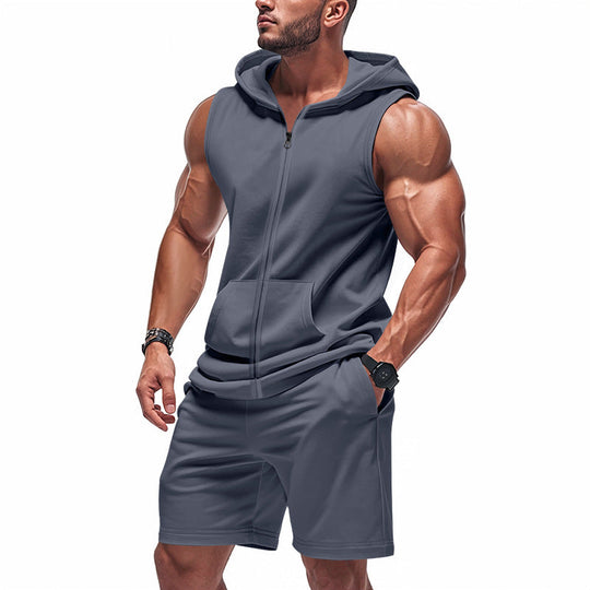 Herren nan sportliches Kapuzen-Set mit ärmelloser Sweatjacke, durchgehendem Reißverschluss und Trainingsshorts