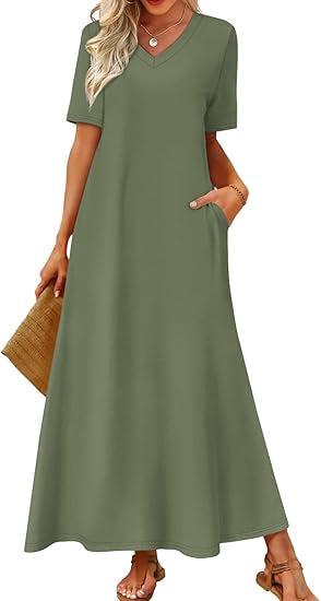 Damen Langes A-Linien-Maxikleid mit V-Ausschnitt, Kurzarm und Eingrifftaschen Shop Nory