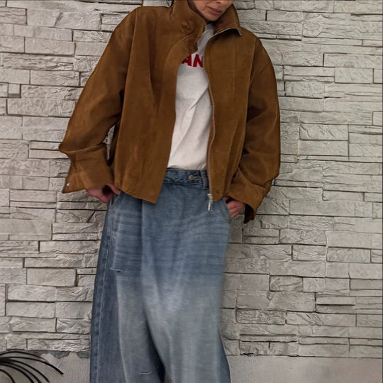 Damen Oversize Veloursleder-Blouson mit hohem Stehkragen und Metallreißverschluss Shop Nory