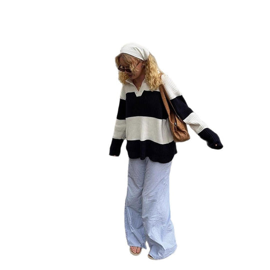Damen Grobgerippter Oversize‑Polo‑Strickpullover mit Kentkragen und Blockstreifen Shop Nory
