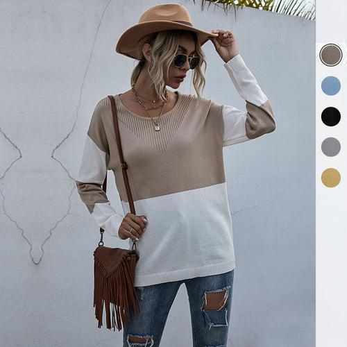 Damen Lockere Strickpullover im Blockmuster mit V‑Ajour‑Detail Shop Nory