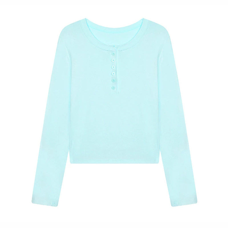 Damen Kurz geschnittenes Henley Langarmshirt aus Baumwolljersey mit Knopfleiste Shop Nory