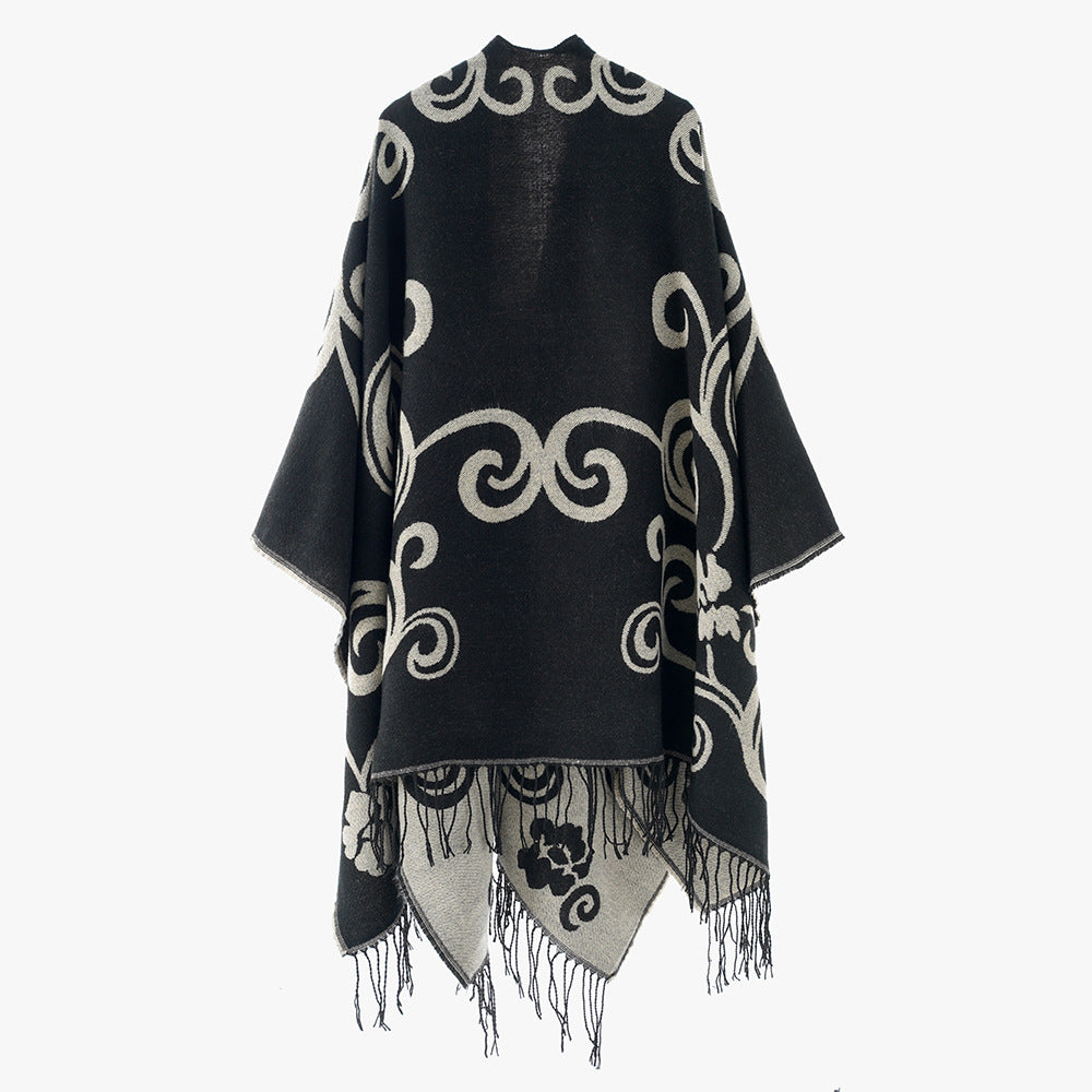 Damen Jacquard-Überwurf im Umhangstil mit Wendefunktion und Fransensaum Shop Nory