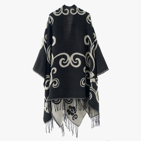 Damen Jacquard-Überwurf im Umhangstil mit Wendefunktion und Fransensaum Shop Nory