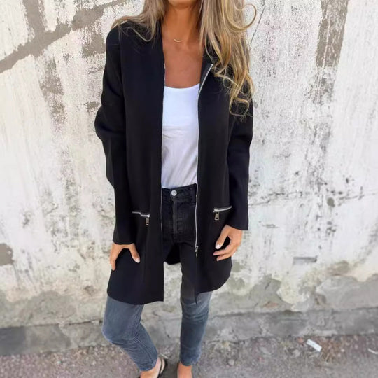 Damen Kapuzen-Longcardigan mit durchgehendem Reißverschluss und Ziertaschen Shop Nory