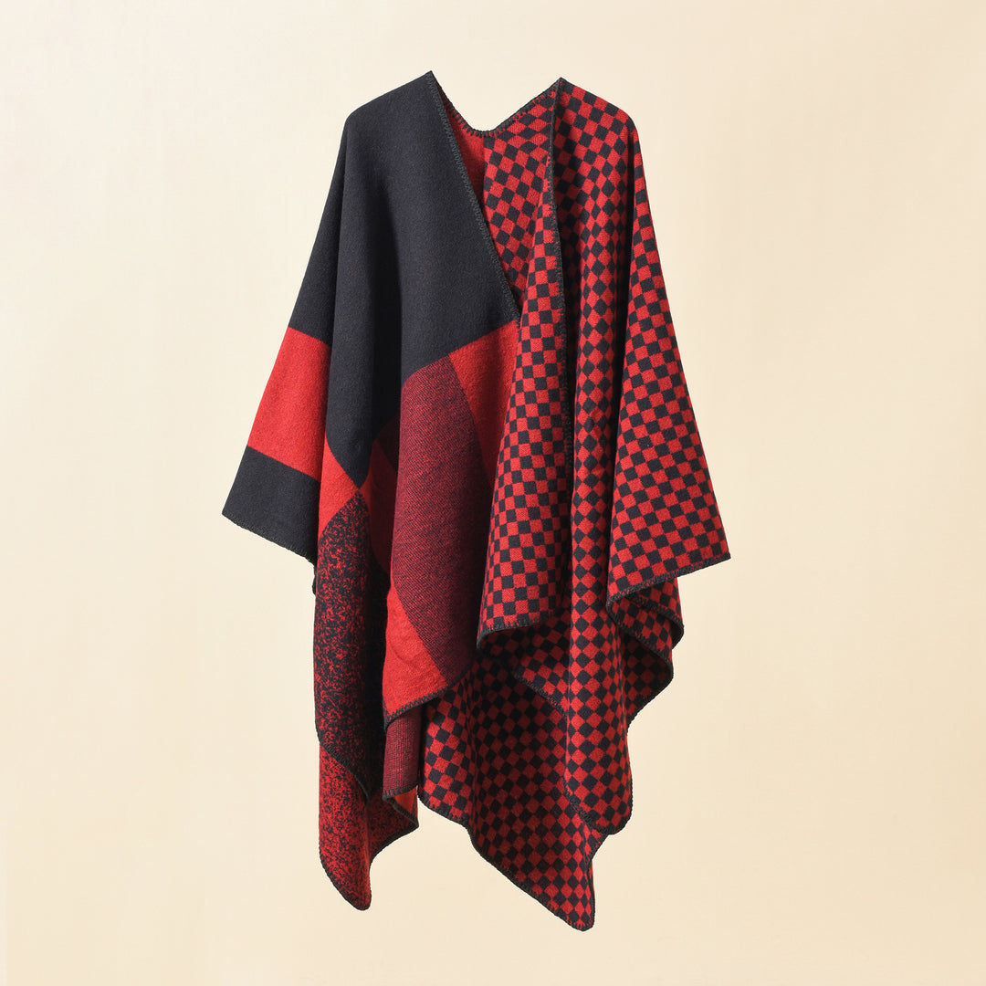 Damen Wendbarer Karomuster-Capeponcho aus Wollmix mit kastigem Oversize-Fall Shop Nory