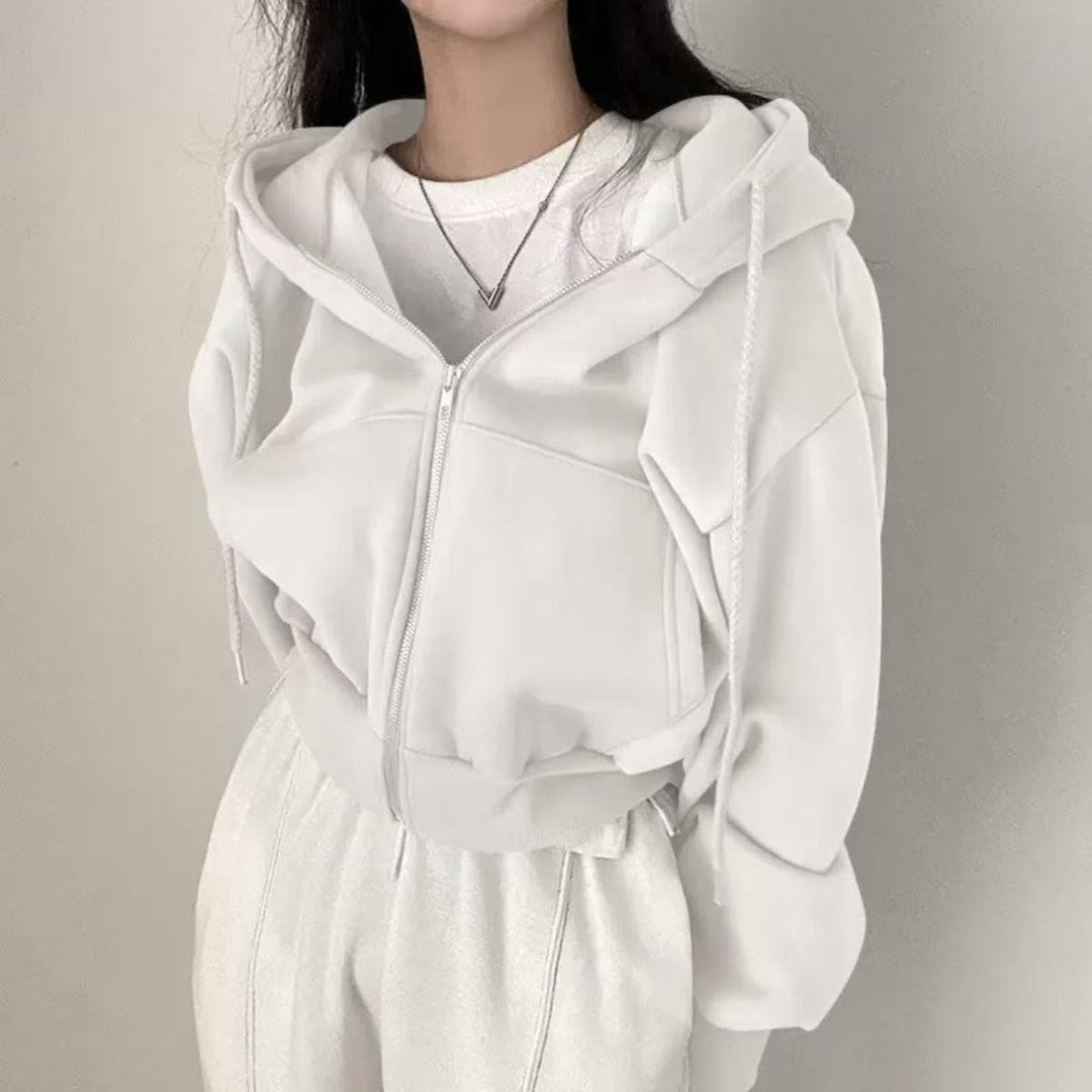 Damen nan oversized cropped Kapuzenjacke mit Reißverschluss und Ballonärmeln Shop Nory