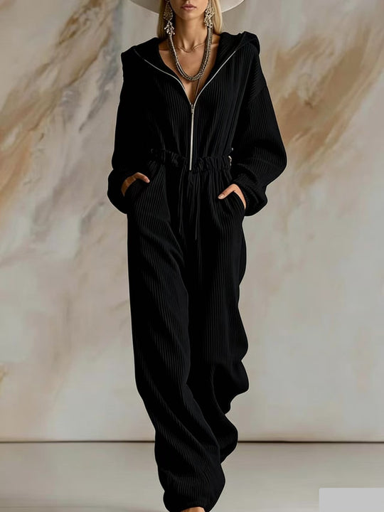 Damen Plissierter Kapuzen-Jumpsuit mit Reißverschluss und elastischer Taille Shop Nory