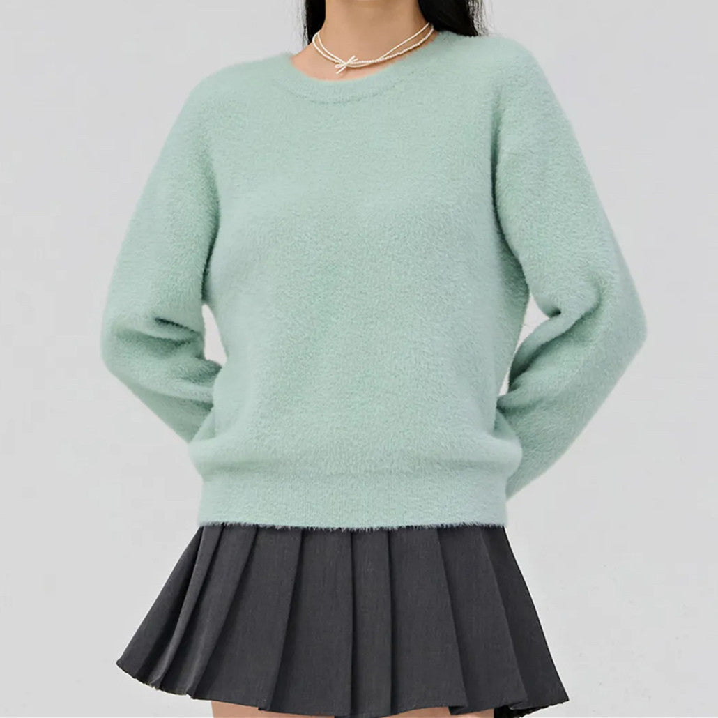 Damen Kurzgeschnitteter Flauschpullover mit Ballonärmeln und Rundhalsausschnitt Shop Nory