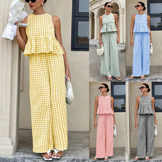 Damen Zweiteiliges Vichy-Karo-Set mit tailliertem Volanttop und weiter Palazzo-Hose Shop Nory
